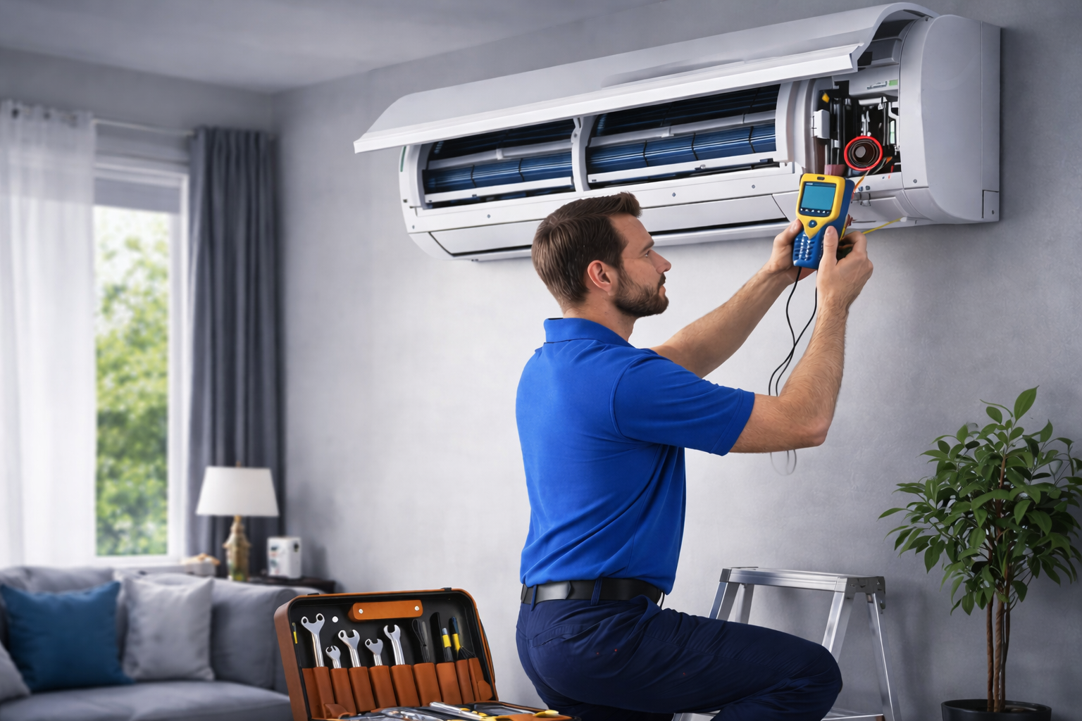 AC service in Noida technician cleaning split AC with jet pump for deep cleaning